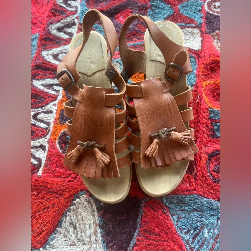 No. 6 Brown Leather Fringe Wedge Sandals